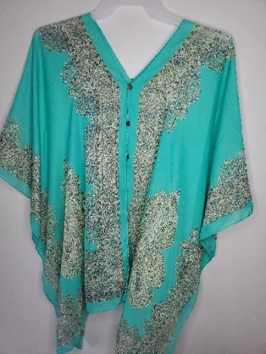 Womens Cover-up Hippie Green Boho Poncho Sheer Shawl Beach Swim Paisley Print