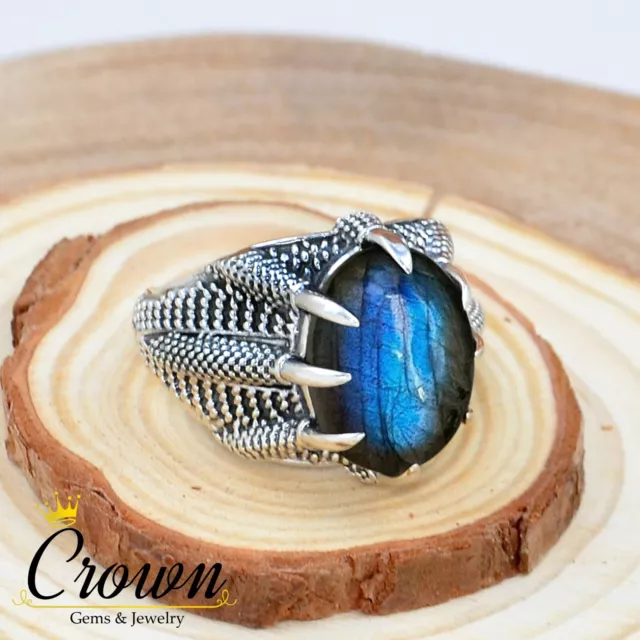 Labradorite 925 Sterling Silver Mens Ring Falcon Claw Ring - Size US 6-14