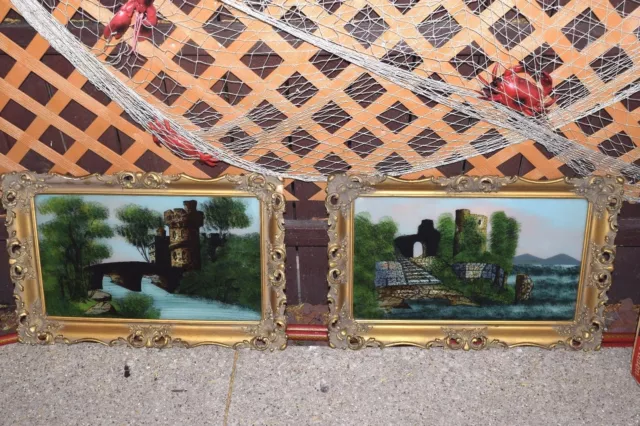 Vintage Pair of Victorian Reverse Glass Painting of Castles on Gold Gilt Frames