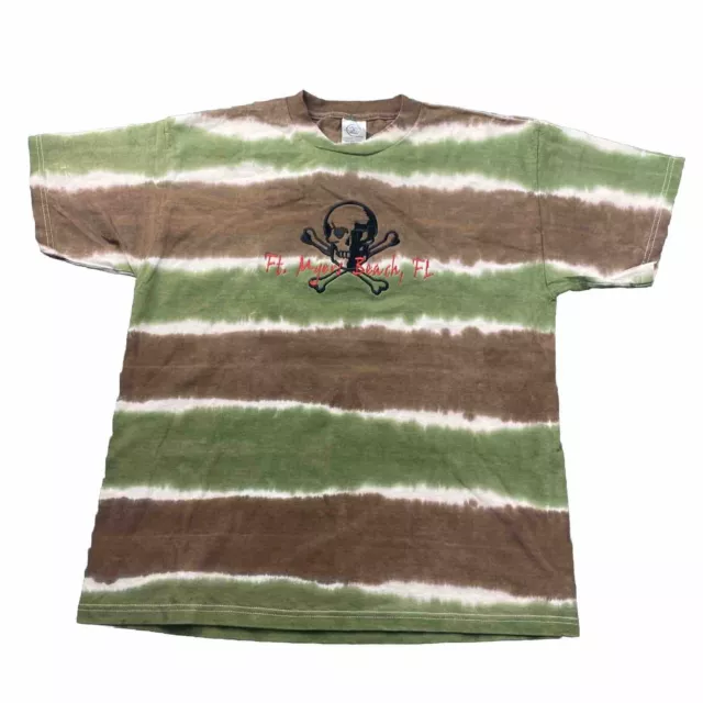 Fort Myers Beach, Florida Tie Dye Green/ Brown T Shirt Size L Embroidered Skull