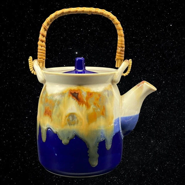 VINTAGE INARCO JAPAN Drip Glaze Cobalt Blue Wicker Handle Teapot 8”T 6.