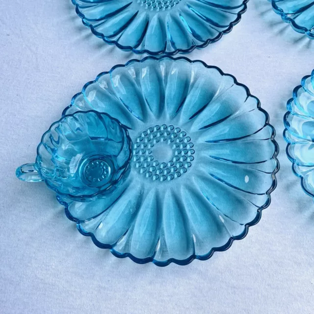 4 Blue Glass Snack Plate & Cup Sets Round Capri Daisy by Hazel Atlas Vtg HTF