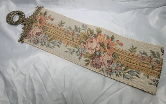 Vintage Corona Decor Tapestry Wall Hanging Roses Ornate Solid Brass Ends 47”