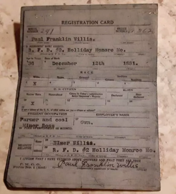 1918 GSA SELECTIVE SERVICE REGISTRATION FORM Willis Monroe MISSOURI Coal Miner