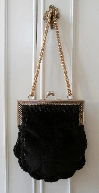 Borsa a tracolla vintage anni '60 DK marrone con corda in velluto con finiture all'uncinetto