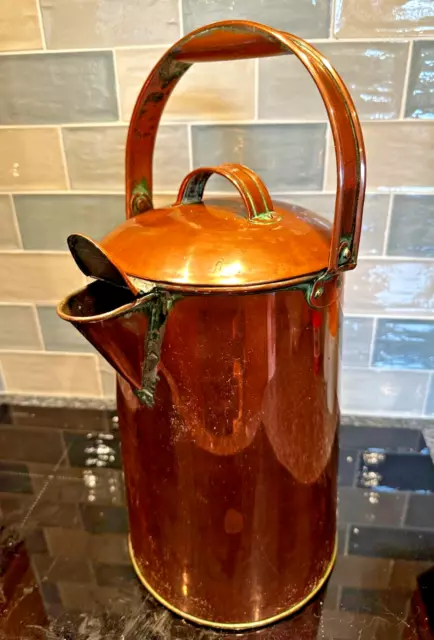 Large 43cm  Antique Copper Lidded Pitcher, Jug, Milk/Hot Water Pale - Vintage 3