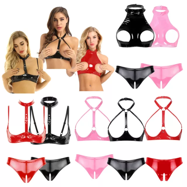 Lingerie Women Halter Wet Look Faux PU Leather Nightwear Set Underwear Sleepwear