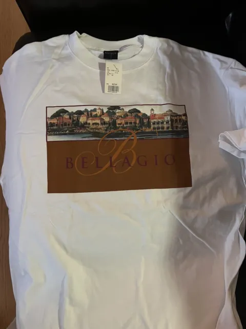 Vintage NWT 90s Bellagio Casino Las Vegas White Graphic Print T-shirt Sz XXL