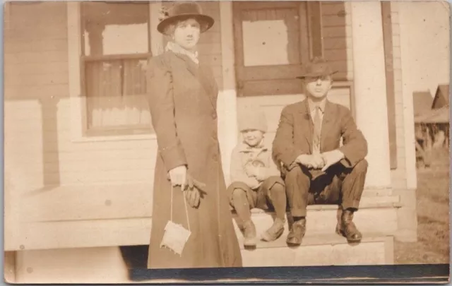 1910s RPPC Real Photo Postcard Family / Couple and Boy on Small  House Porch