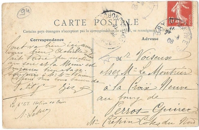 Bry-sur-Marne 94 Le petit Bras CPA written to Mr Voiseux de Perros-Guirec in 1908 2