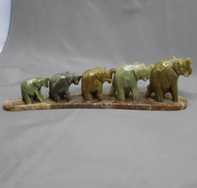 5 ELEPHANT LINE Carving Agate Quartz Marble Green Brown In A Row Trunks ...