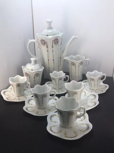 Sango Hand Painted Chocolate/ Coffee/ Tea Pot W/ 6 Cups/ Saucers Sugar/ Creamer