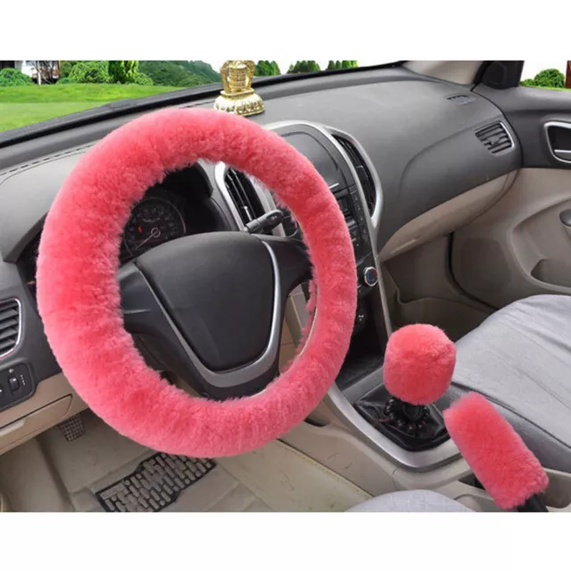 3Pcs/set Winter pink soft warm plush car steering wheel cover handbrake cove#km