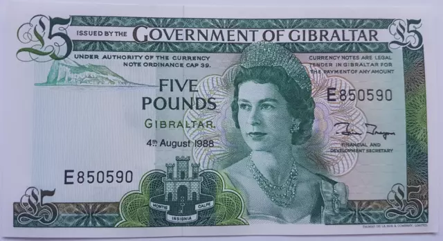 Queen Elizabeth II Collectible Bill 5 Pounds Gibraltar Year 1988 Banknote UNC