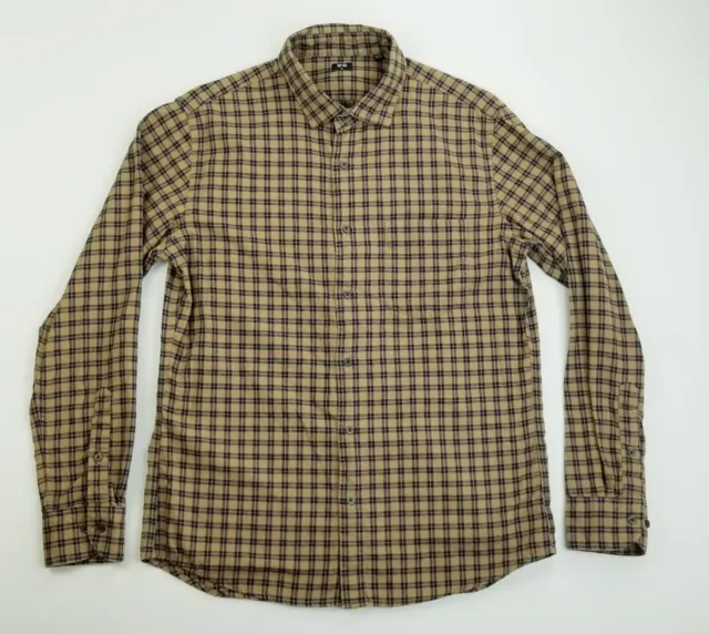 Uniqlo Size Medium Men's Camel Navy Check Long Sleeve Flannel Cotton Shirt