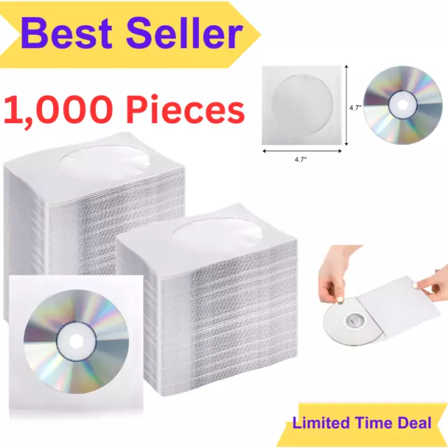 1,000 Pieces White Paper CD DVD Sleeves Envelope Holder with Clear Window and...