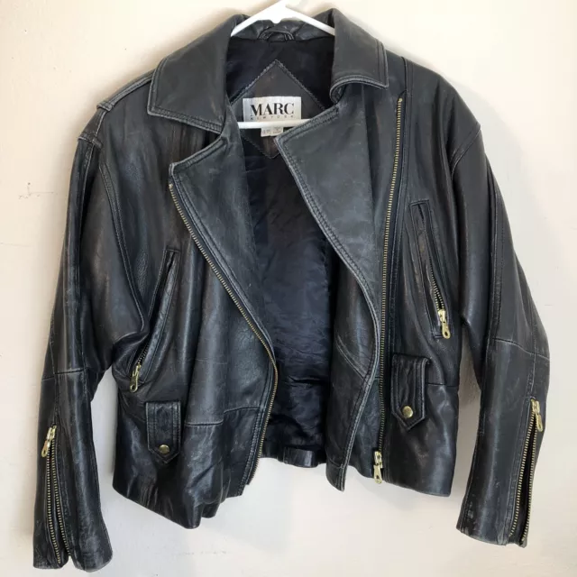 MARC NEW YORK XS BLACK distressed LEATHER MOTO BIKER JACKET GOLD ZIPPER