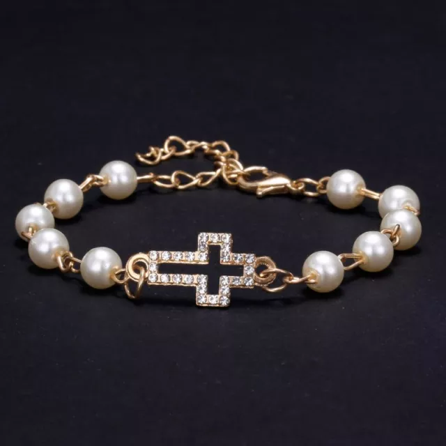 Fashion Men Women Gold Plated Cross Pearl Crystal Bracelet Adjustable Bangle