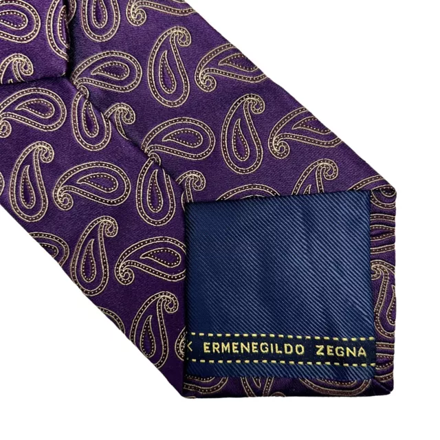 🇮🇹 Ermenegildo Zegna Silk Neck Tie - Made in Italy - Gold Paisley Over Purple