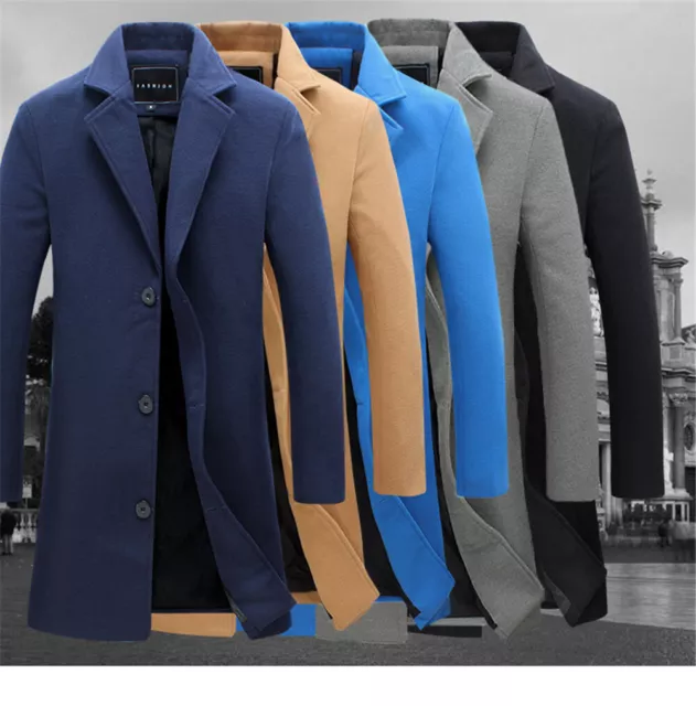 Men Woolen Long Jacket Trench Coat Single Breasted Overcoat spring Outwear