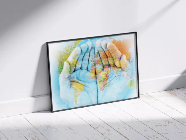 Map Of The World Map On Hands Poster Print Large Giant Wall Art Size A2 A1