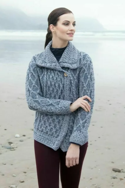Aran Woollen Mills Ladies Soft Wool Plaited Trellis Irish Cardigan (Small, Gray)