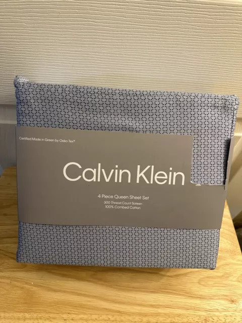 New Calvin Klein Blue Dots 300TC Combed Cotton Queen Sheet Set 4 Pc