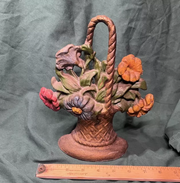 Antique Cast Iron Floral Basket Doorstop Appears to be Hubley #120 ~9.5" Tall