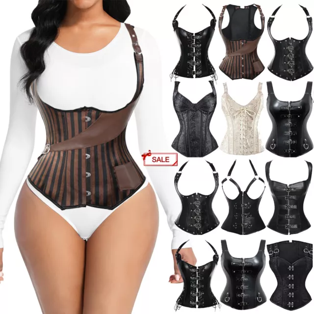 Women Gothic Boned Corset Burlesque Basque Vest Top Costume Bustier Plus Size UK