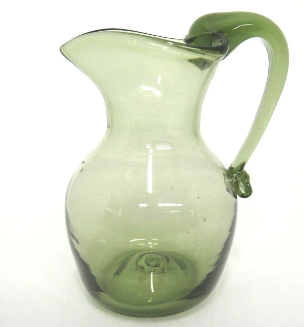 VINTAGE OLIVE GREEN Blown Glass Pitcher Vase Heart Shaped Opening Rough