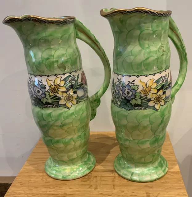 PAIR OF LARGE ART DECO MALING LUSTRE VASE / JUG - SPRINGTIME Approx 27cm Tall