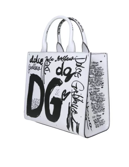 Dolce & Gabbana NWT Graffiti Allover Logo Print White Leather Shopping Tote Bag 2