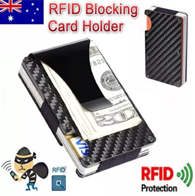 Men Slim Carbon Fiber Credit Card Holder RFID Blocking Metal Wallet Money Clip