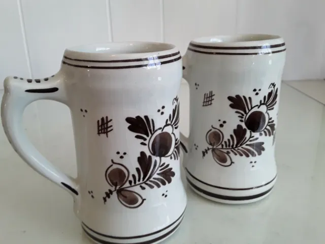 2 Vtg Holland Delft Steins Brown White Hand Painted Mugs Flowers Windmills 171