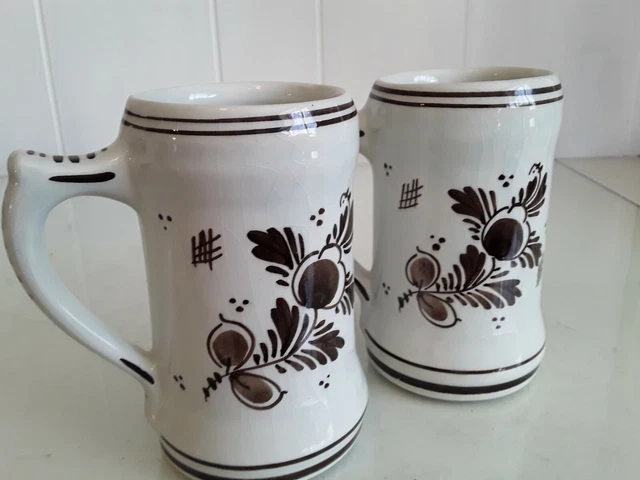 2 Vtg Holland Delft Steins Brown White Hand Painted Mugs Flowers Windmills 171
