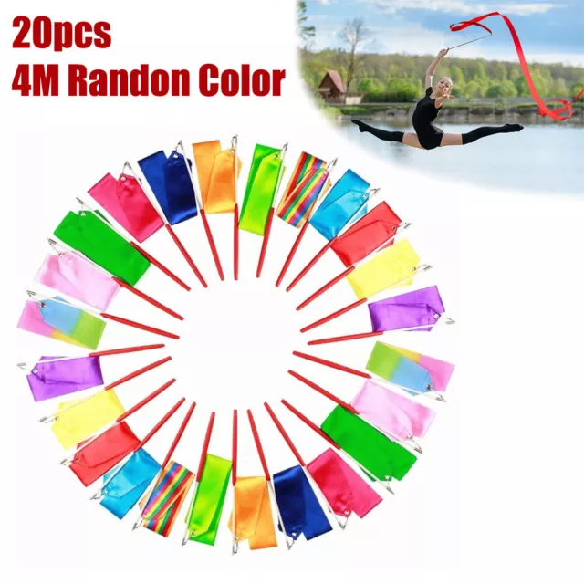 20Pcs 4M Dance Gym Ribbon Rhythmic Arts Gymnastic Streamer Baton Twirling Rod UK