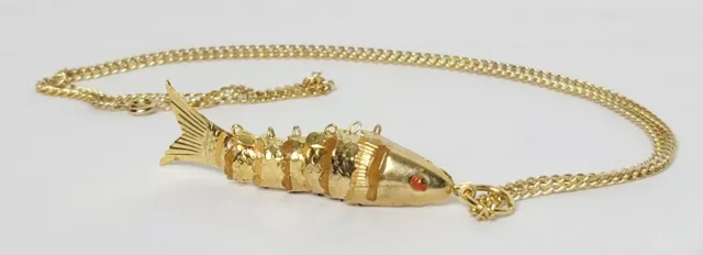 Vintage 1970's Gold Tone Aticulated Fish Pendant Necklace Jewelry Flexible