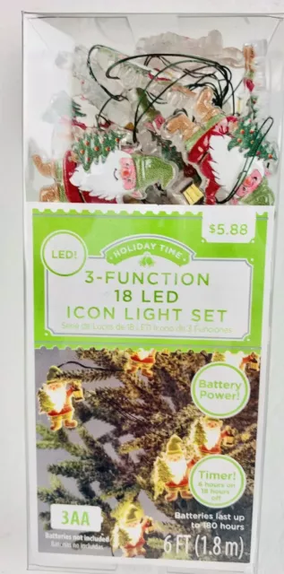 New ! Holiday Time 3 Function 18 LED Icon Light Set Gnomes Timer Battery Power