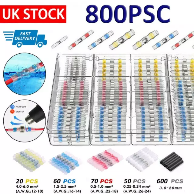 800x Waterproof Solder Seal Sleeve Heat Shrink Butt Wire Connectors Terminals UK