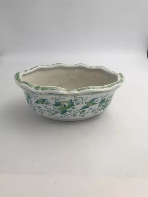 Chinese Ceramic Planter Flower Pot Jardiniere Oblong Green Flowers Birds Scallop
