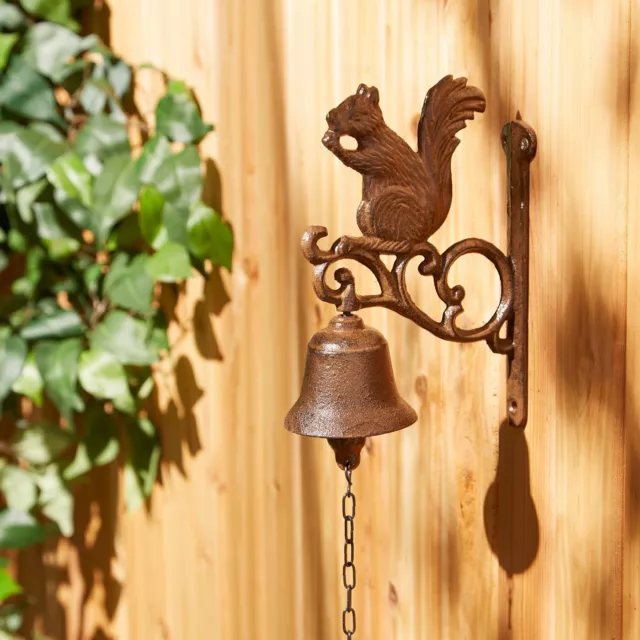 Stunning Beautiful Brown Squirrel Cast Iron Wall Mount Bell Outdoor Decor