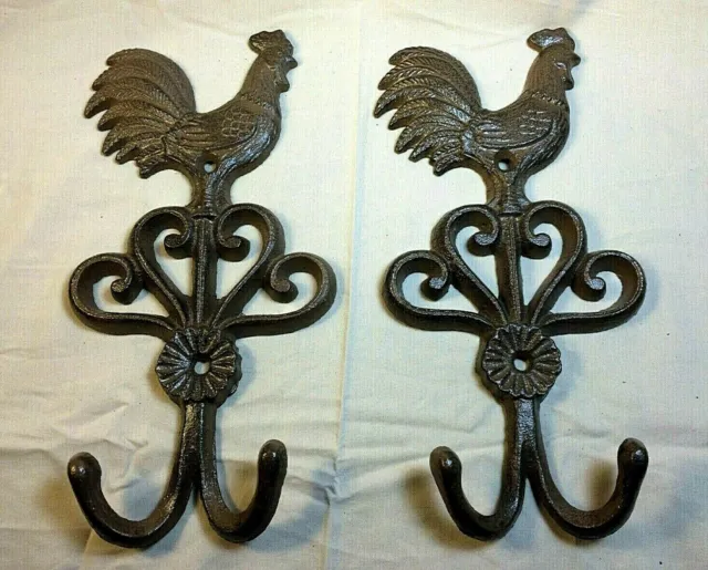 SET OF 2 ROOSTER DOUBLE HOOKS rustic brown bronze vintage country heavy duty