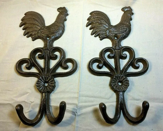 SET OF 3 ROOSTER DOUBLE HOOKS rustic brown bronze vintage country heavy duty 2