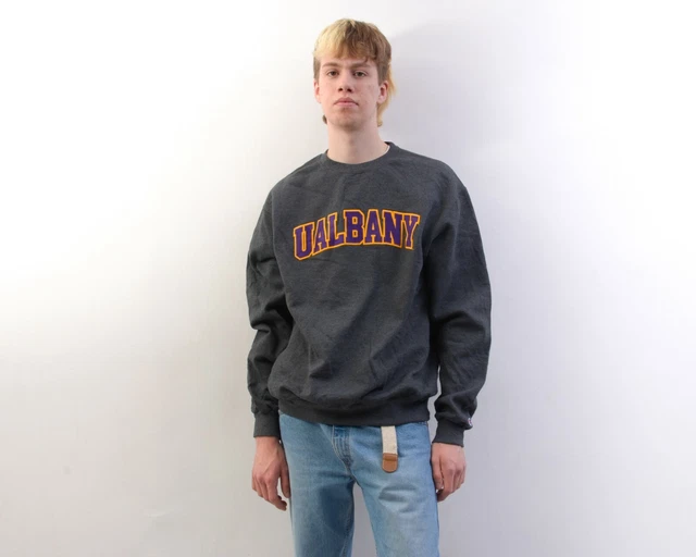 CHAMPION Vtg Mens L Sweater Sweatshirt Grey Cotton Retro Albany University Crew