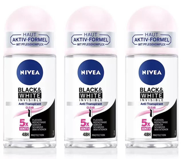 ✅ NIVEA Deo Roll-on Invisible Clear Black & White Deoroller 48H Schutz 3x 50ml ✅