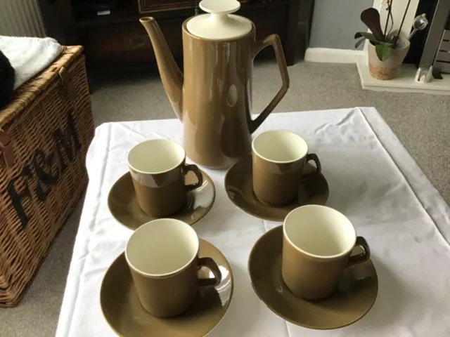 Vintage Beswick England, mid century brown and white coffee cups/saucers pot set