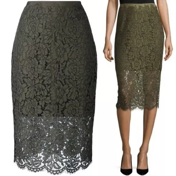 Diane von Furstenberg 2 Pencil Skirt Green Glimmer Lace Overlay Eyelash Trim NEW