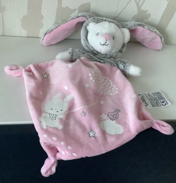 Doudou lapin ours mots d’enfants gris rose blanc oiseaux étoile nuage Fleur