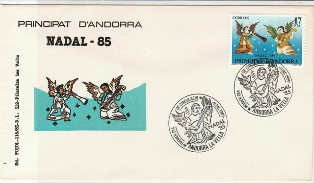 Andorra 1985 Religious Angels Nadal '85 Slogan Cancel FDC Stamps Cover Ref 23837