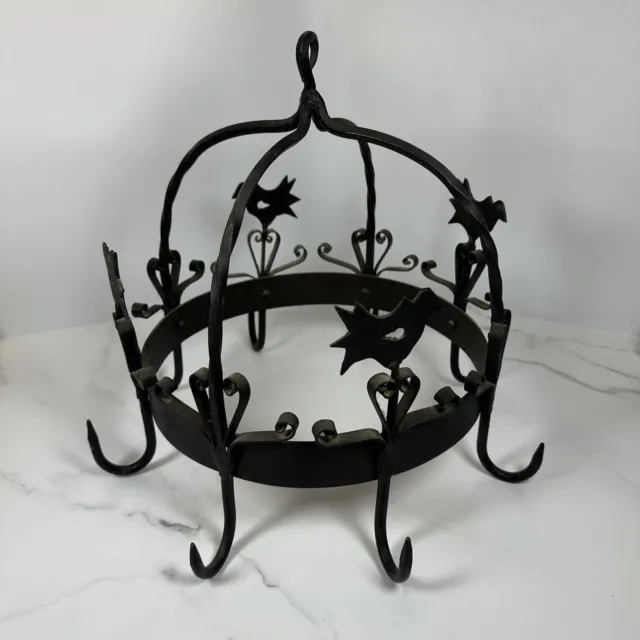 Vintage Cast Wrought Iron Pot Rack Bird Motif 11.5” Round Hooks Metal Farmhouse